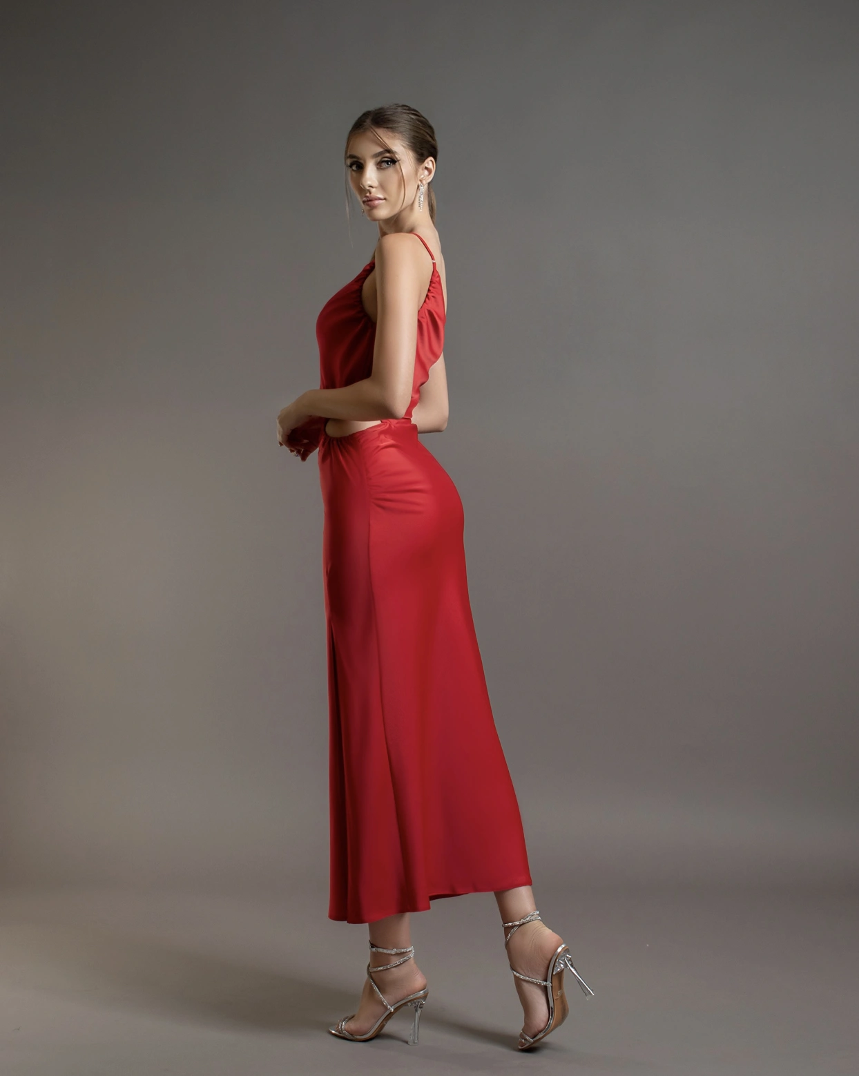 Rochie midi Tiffany Rosu satin elastic  OUTLET