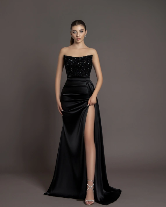 Rochie lunga Amira Negru fusta tafta bust paiete de lux