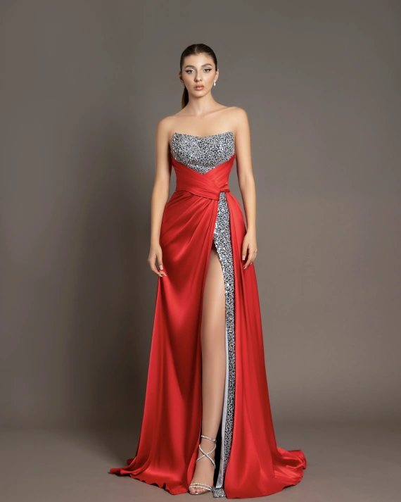 Rochie lunga Hellena Rosu tafta elastica paiete de lux