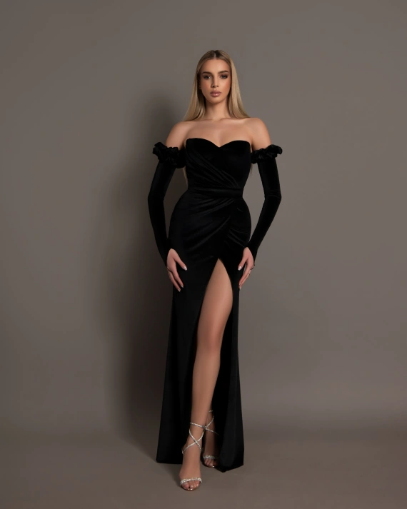 Rochie lunga Jasmine Negru catifea elastica manusi catifea