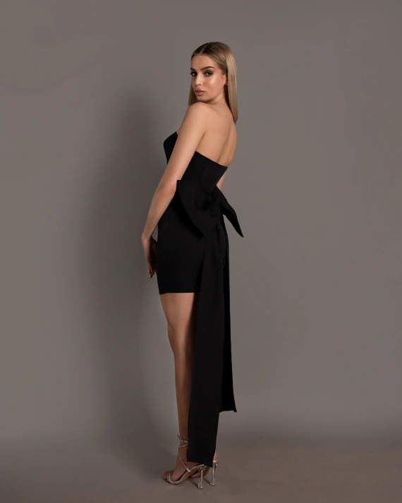 Rochie scurta Lorelai Negru stofa cambrata funda neagra