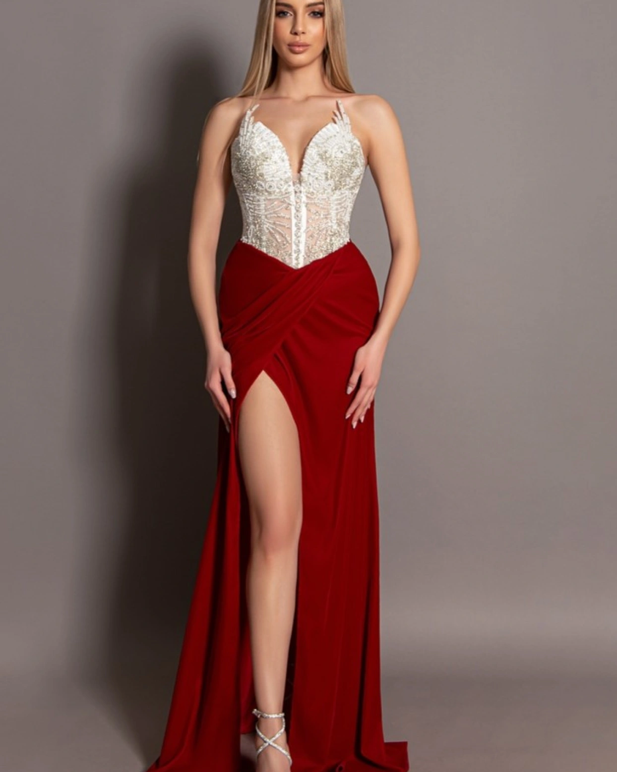 Rochie lunga Alleya catifea rosie bust corset alb