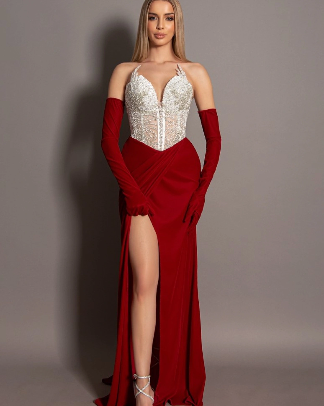 Rochie lunga Alleya catifea rosie bust corset alb