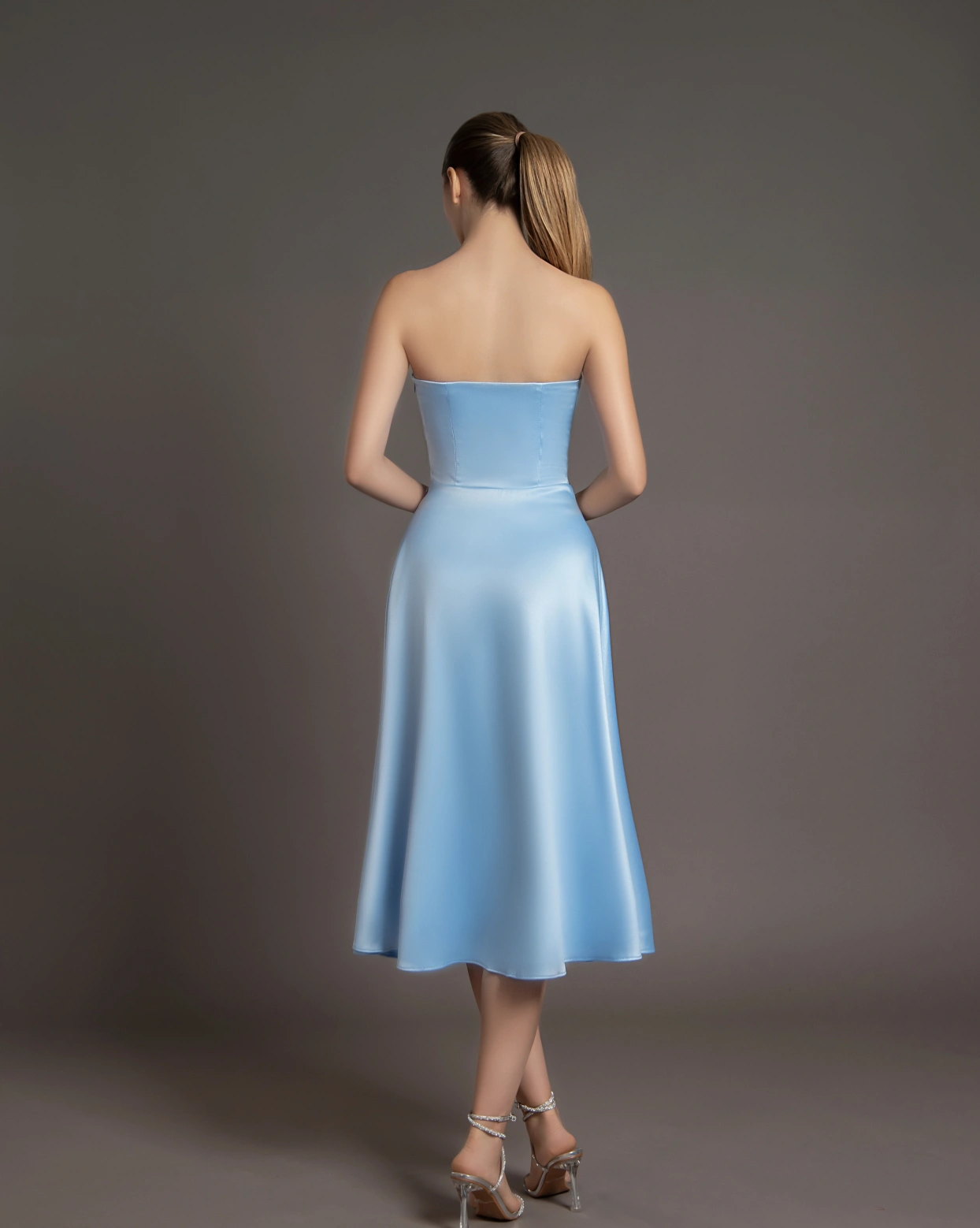 Rochie midi Sophie Bleu tafta elastica fermoar ascuns