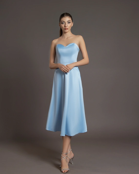 Rochie midi Sophie Bleu tafta elastica fermoar ascuns