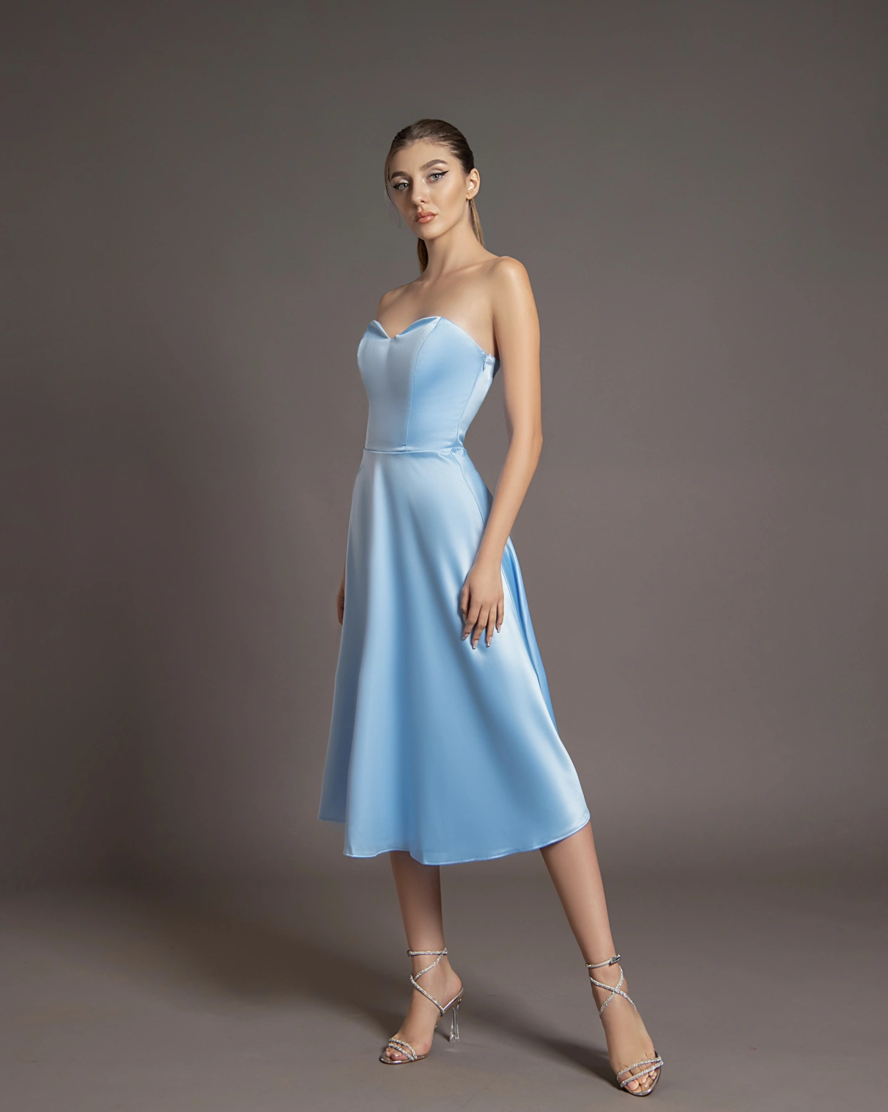 Rochie midi Sophie Bleu tafta elastica fermoar ascuns